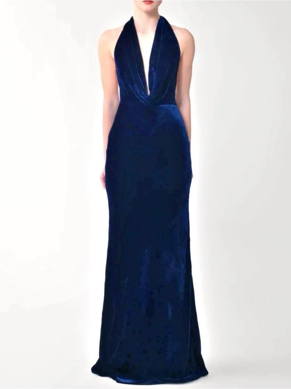 Sau Lee Pearl Midnight Navy Blue Velvet Halter Evening Gown Dress NEW NWT US 10